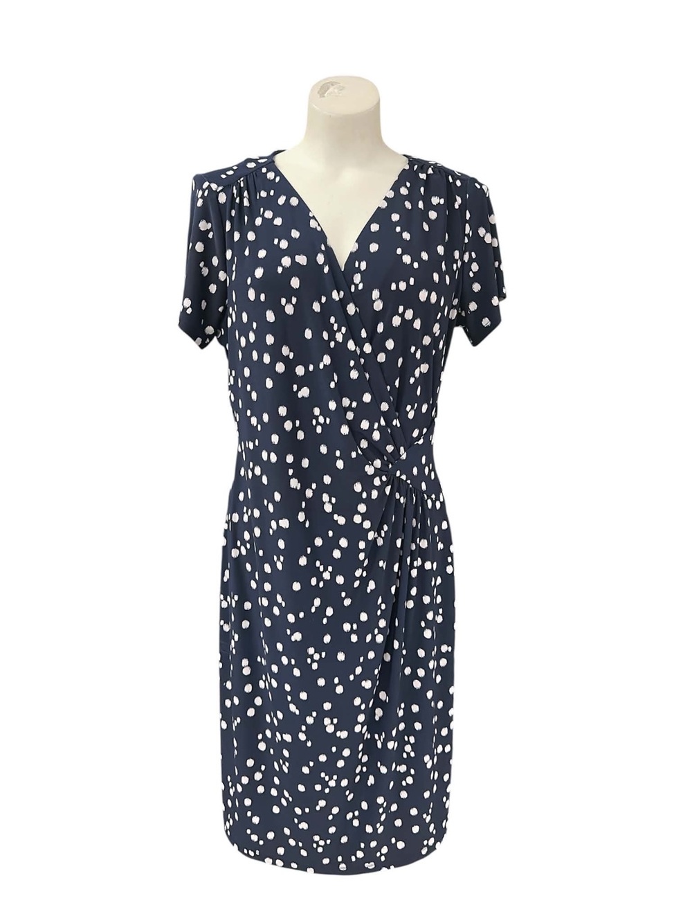Roz & Ali Navy and White Polka Dot Wrap Dress Size L